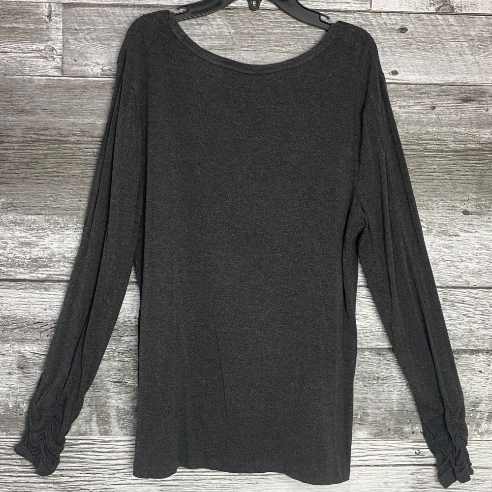 Alfani Women's Large Gray Long Sleeve Knit Top Rayon Blend Ruched Cuff Crew Neck
